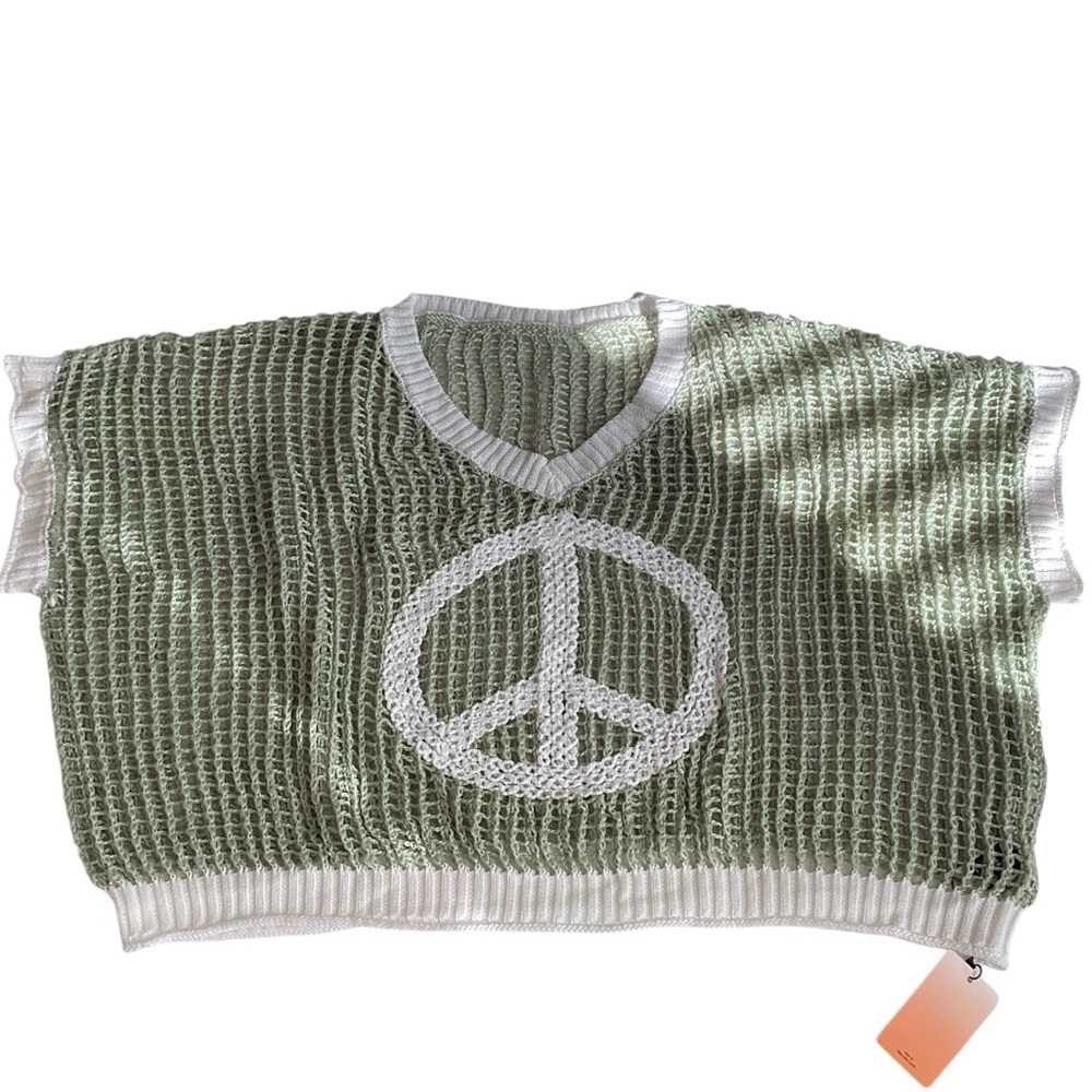 Open Crochet Oversized Peace Sign Shirt Women's Green Knit Top New w/ Tags Sz L - Picture 6 of 16